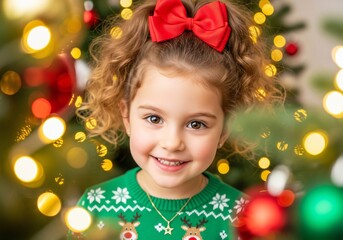 Adorable little girl with a red bow smiles in front of a decorated christmas tree