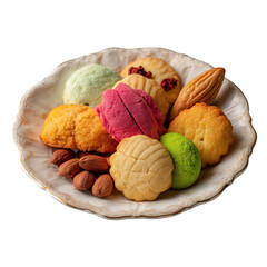 colorful assortment of traditional cookies and nuts on an elegant plate PNG image, transparent background