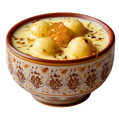 delicious sweet dish served in a decorative bowl, featuring soft dumplings in creamy sauce topped with a floral garnish PNG image, transparent background