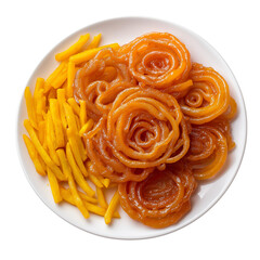 sweet and crispy jalebi crispy fried snacks on a plate PNG image, transparent background