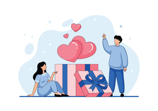 Couple with gift box hearts romance celebration anniversary love present - Flat Vector Illustration, icon. Editable stroke. Colored vector illustration