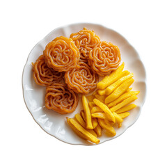 sweet and crispy jalebi crispy fried snacks on a plate PNG image, transparent background