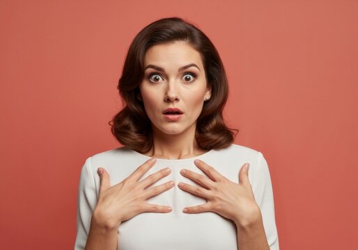 A woman with a surprised expression, pointing at herself.