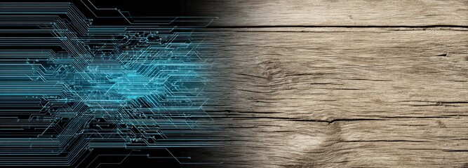Digital circuit lines over wood background