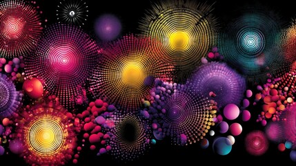 A vibrant, abstract composition featuring numerous circular, radial patterns in various colors like pink, yellow, purple, and teal, interspersed with clusters o
