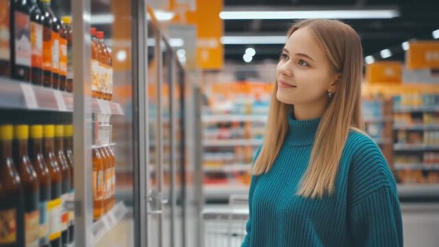 Charming young woman in a blue sweater carefully selecting a beverage from a refrigerated shelf in a modern supermarket aisle, making a healthy choice. 4k