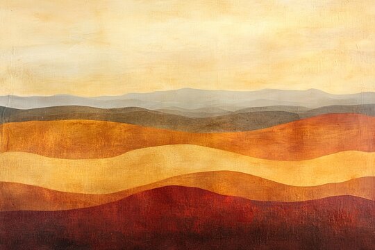 Minimalist desert with wide open skies, layered colors in sand from pale yellow to deep rust