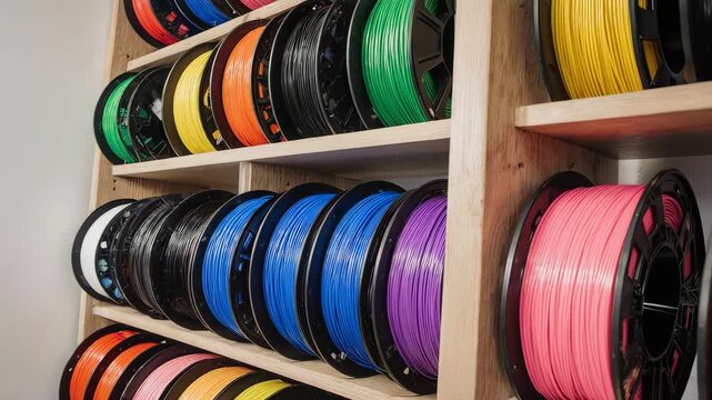 Organized 3D Printer Filament Spools on Wooden Shelves.