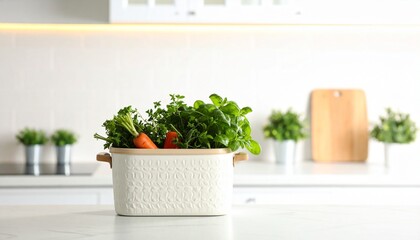 A basket overflowing with fresh green vegetables and a carrot sits on a clean kitchen counter.