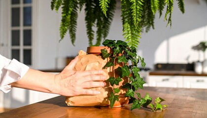 A person's hands gently cradle a potted plant with trailing ivy, set against a backdrop of hanging ferns and a sunlit room.