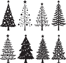 Christmas Tree Silhouette Set Vector: Eight Unique Stylized Pine and Fir Decorations