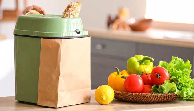 Green kitchen compost bin with a paper bag next to a basket of fresh vegetables and fruits on a kitchen counter, promoting sustainable living. - Powered by Adobe