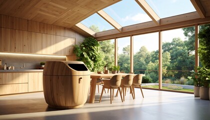 Modern wooden kitchen and dining area with large windows, skylights, and a unique wooden appliance, surrounded by nature.