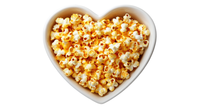 Heart-shaped white bowl filled with fluffy popcorn showcasing light texture and bright snack detail beautifully presented isolated on white background