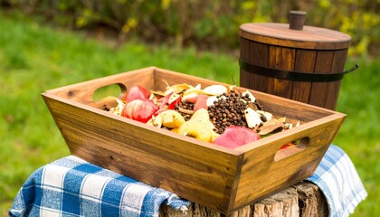 A wooden tray of organic kitchen waste and food scraps ready for composting in a garden setting.