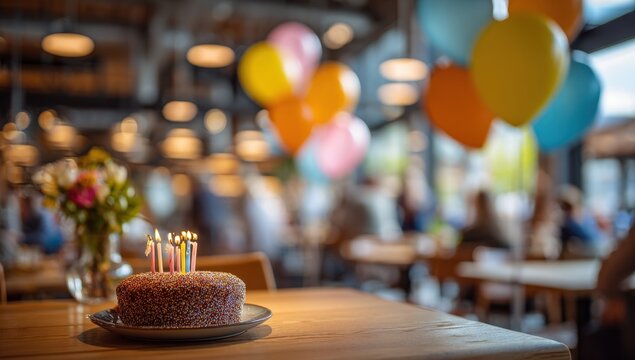 A birthday cake with lit candles sits on a wooden table in a restaurant, with colorful balloons floating in the background, creating a festive atmosphere for a celebration