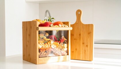 Wooden compost bin with cutting board on a white kitchen counter.