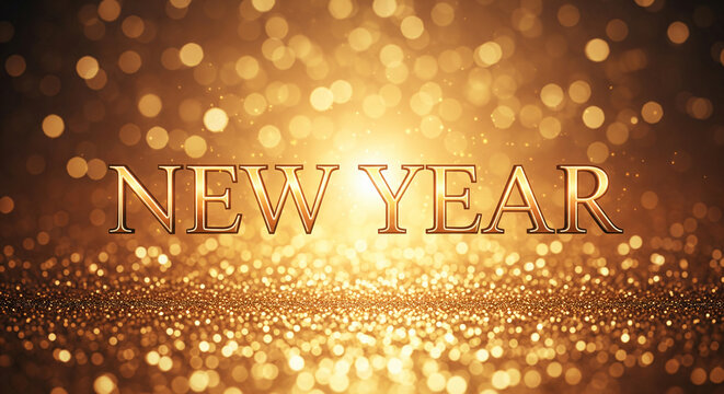 Happy New Year sale with Golden bokeh Background. Holiday Design for Premium Greeting Card, Party Invitation.