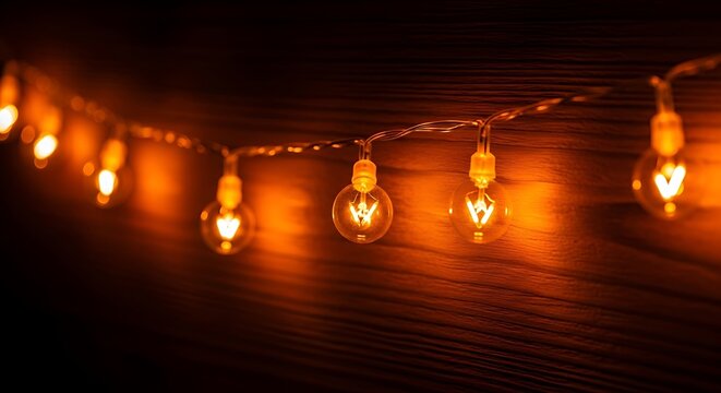 Warm glowing string lights illuminating a dark wooden background