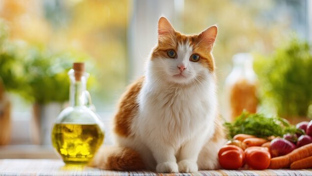 A fluffy orange and white cat sits peacefully on a table surrounded by fresh vegetables, a bottle of oil, and greenery, creating a charming and inviting scene indoors