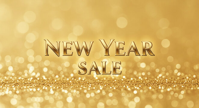 Happy New Year sale with Golden bokeh Background. Holiday Design for Premium Greeting Card, Party Invitation.