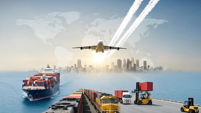 4k, Wide-angle shot of an airplane taking off over a cityscape in front of a cargo ship and a train, conveying a global trade mood with a blue sky and a world map.