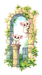 Charming watercolor illustration features two adorable lemurs playfully interacting in lush, overgrown ruin, evoking sense of whimsy and joy