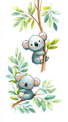 Charming watercolor illustration depicts two adorable koalas climbing trees surrounded by green leaves, evoking sense of joy and playfulness