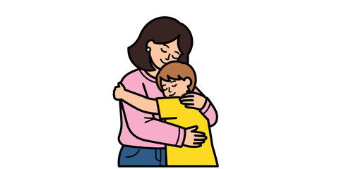A simple and heartfelt vector illustration that captures a moment of closeness, affection and emotional support between a mother and her son.
