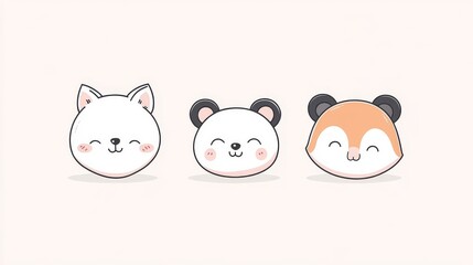 Obraz premium 88.Simple cartoon animal faces featuring a cat with pointy ears, a curious koala, a round-faced panda, and a fox with closed eyes, soft pastel tones and clean, minimalist linework