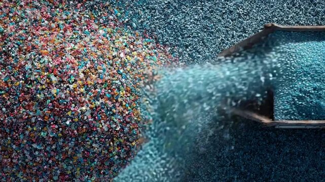 Plastic Pellet Transformation: An industrial close-up reveals a mesmerizing cascade of plastic pellets, transitioning from a vibrant mosaic of colors into a unified hue.