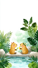 Charming watercolor illustration depicts two adorable capybaras enjoying drinks by serene pool surrounded by lush greenery