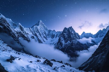 Silent winter scene of sharp snowy peaks, mist rising from deep valley below, stars beginning to appear. 