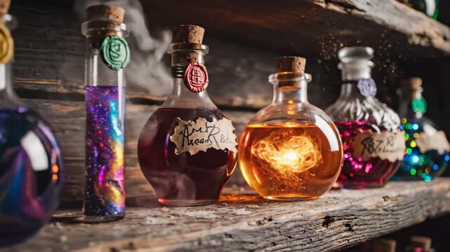 Assorted Potion Bottles on Rustic Shelves - A collection of colorful and unique potion bottles are arranged on rustic wooden shelves, each bottle filled with a different substance and sealed with a