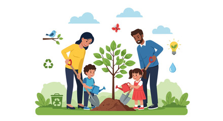 Fototapeta premium Happy family plants a tree together, fostering environmental awareness and creating lasting memories in nature, symbolizing growth and sustainability