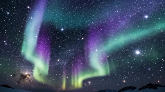 Cosmic Aurora Display in Night Sky - A vibrant aurora borealis display illuminates the night sky, featuring stunning teal, purple, and green colors.