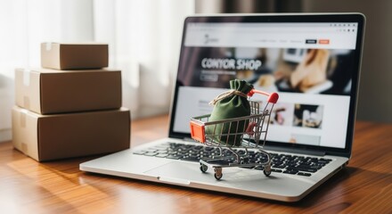 Shopping cart with green bag on laptop keyboard, surrounded by cardboard boxes, showcasing online shopping experience and convenience of mobile commerce in a modern setting