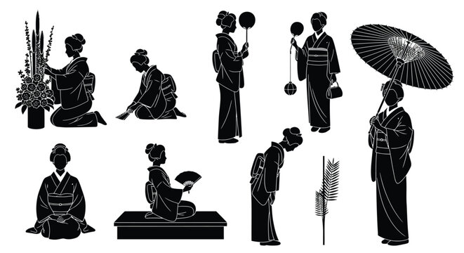 Elegant Japanese geisha silhouette collection in traditional kimonos