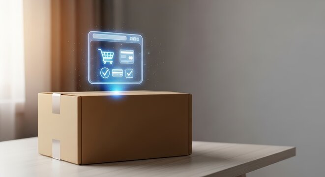 Brown cardboard box on a wooden table with a holographic online shopping interface above, showcasing digital cart and payment options, representing modern e-commerce experience