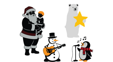 Whimsical Christmas characters celebrate with music and joy