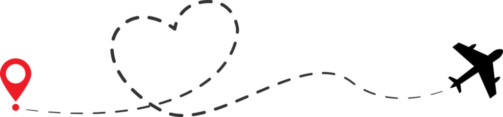 Airplane route with heart shape and location pin