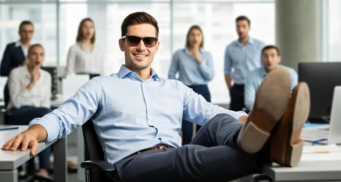 A confident executive sits with sunglasses on, feet up, exuding an air of success and control. Surrounded by his surprised team members in a modern office.