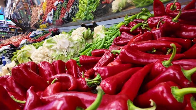 Colorful peppers and fresh vegetables at a local market