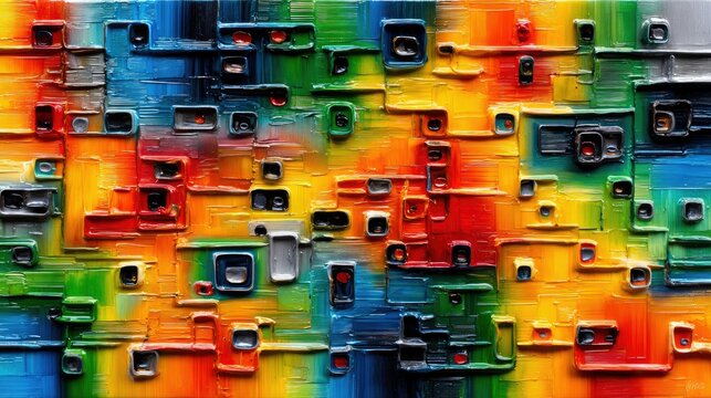 A vibrant, textured abstract painting featuring a mosaic of geometric shapes in a rainbow of colors, with thick impasto brushstrokes creating a sense of depth a - Powered by Adobe