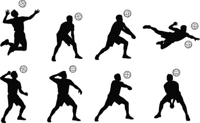 Volleyball player silhouette vector, dynamic poses, spiking, serving, diving, receiving, setting, black figures, ball interaction, sports motion, athletic training, action