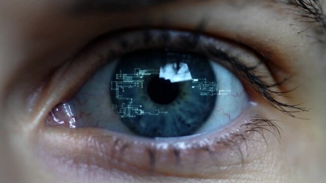 Extreme close-up of human eye with glowing blue digital interface overlay on iris - Powered by Adobe