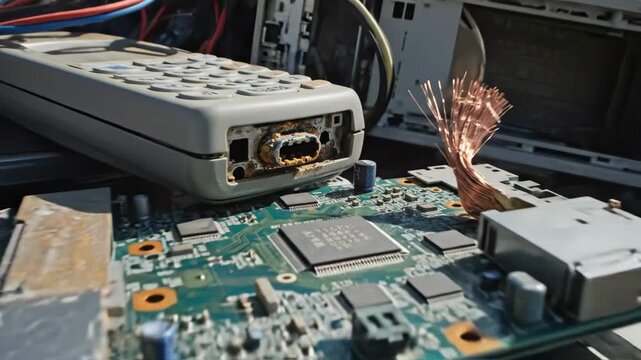 Discarded Electronic Products - The video shows a pile of discarded and damaged electronic products, including circuit boards, wires, and a cordless phone.