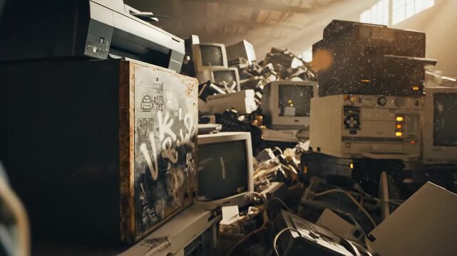 Discarded Electronic Products - A large pile of discarded electronic products including old computer monitors and tangled cables is visible in a warehouse.
