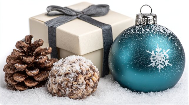 Glitter-blue Xmas card asset: ultra-detailed ball + snowy pine-cone + ribbon sheen, copy space for text, perfect for print card, e-invite, social greet