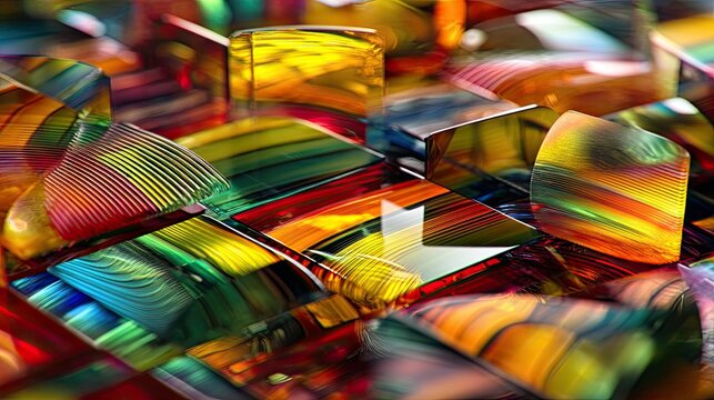 A close-up, abstract macro view of various glass shapes with vibrant rainbow colors and intricate patterns. The lighting creates a dynamic interplay of light an